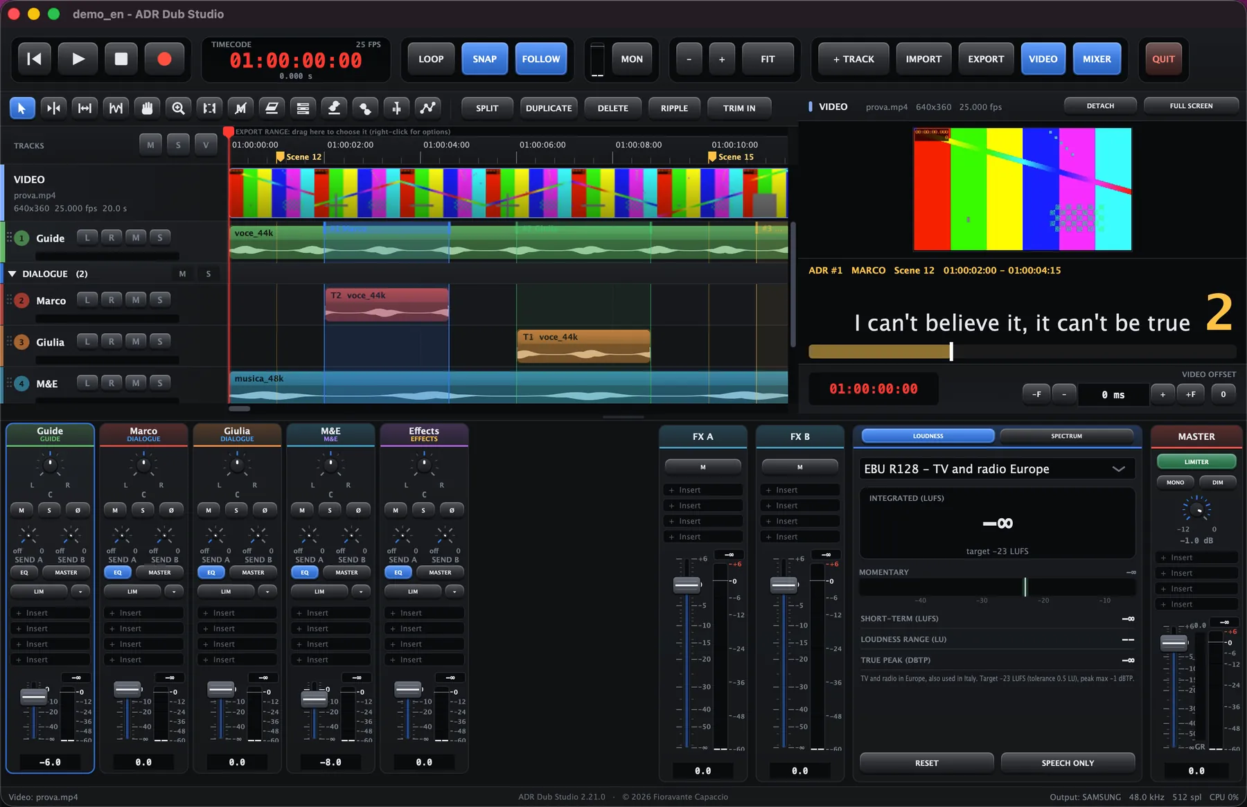 ADR Dub Studio main window with timeline, video and mixer